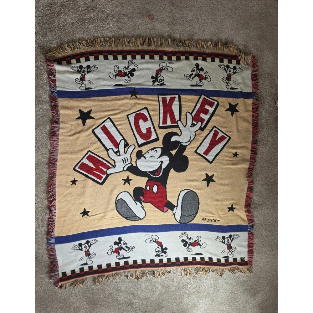 Vintage Disney Beacon Mickey Mouse Fringe Pop Art Tapestry Throw Blanket 54x48